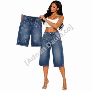 Jeans Capri de Mezclilla con Pedrería y Pierna Ancha Personalizados para Mujer |   Jeans Culotte de Cintura Alta y Corte Recto |   Moda con Cristales Brillantes - Product Image 6