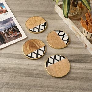 Wooden Crisscross <b>Coaster</b> Set of 4 with <b>Gold</b> Rim Round Tea Coffee Drink <b>Coasters</b> for Home Table Decor - Product Image 6