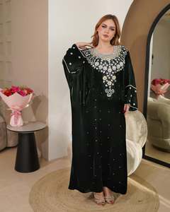 Abaya de soirée modeste Awais pour femmes adultes, en polyester et mousseline, broderie filée, longueur ras du sol, col cœur, manches longues - Product Image 1