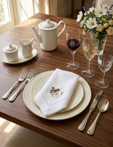 Custom Wholesale Square Cotton Napkin White Embroidered Cute <b>Dog</b> Hemstitch Machine Washable Durable for Airplane Home - Product Image 3