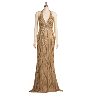 Luxury Gold Embroidered Beaded Mermaid Evening Gown for Women Halter Neck <b>Sequin</b> Formal Party Wedding Prom Maxi Dress Elegant - Product Image 1