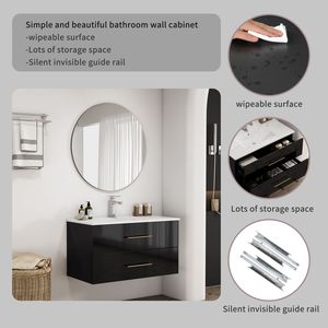36-Inch Black Gloss Wall-Mounted <b>Bathroom</b> <b>Vanity</b> with Double Drawers and Ceramic Sink Long Gold Metal Handle Easy Installation - Product Image 6