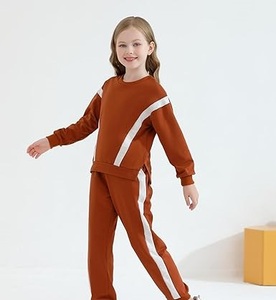 Conjunto Deportivo de Dos Piezas para Niñas, Color Sólido, Diseño a Rayas, Pantalones Deportivos, Sudadera de Felpa de Algodón - Product Image 3
