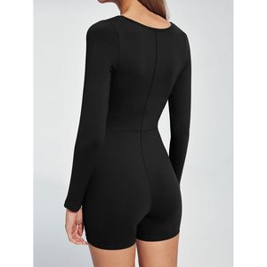 2025 2023 à la mode noir sport body combinaison femmes Sexy athlétique une pièce Shorts à manches longues ventre contrôle entraînement - Product Image 1