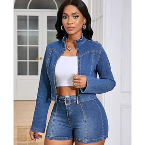 Conjunto de Dos Piezas de Mezclilla para Mujer de Alta Calidad, Fabricación Profesional, Chaqueta y Pantalones Cortos de Mezclilla Ajustados y Elásticos a la Moda - Product Image 1