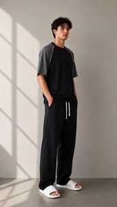 Conjunto de camiseta de manga corta con bloques de color y pantalones con cordón para hombre, corte holgado, transpirable, informal, de algodón. - Product Image 5