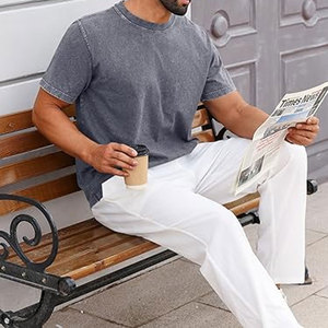 เสื้อยืดแขนสั้นผู้ชาย ผ้าฝ้าย 100% เนื้อหนา สไตล์ลำลอง คอกลม วินเทจ ล้างสีแบบแอซิดวอช เสื้อยืดฤดูร้อน ใส่สบาย ทรงหลวม - Product Image 5