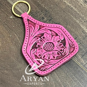 Porte-clés en cuir véritable rose, décoré de fleurs, élégant, accessoire de clés personnalisé, souvenir, pour homme et femme. - Product Image 1