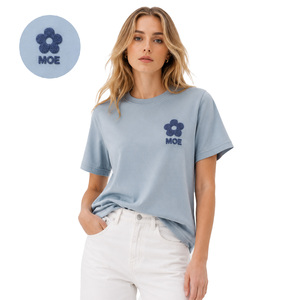Customized Women's Light Blue Tee Towel Embroidery women's shirt Half Sleeve Cotton T-Shirt Casual Regular Fit All Seasons <b>Top</b> - Product Image 1