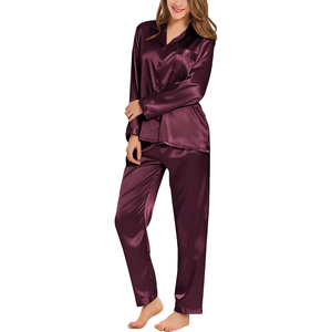 Conjunto de Pijama de Satén para Mujer, Manga Larga, Color Sólido, Elegante, Cuello Camisero, Cierre de Botones - Product Image 1