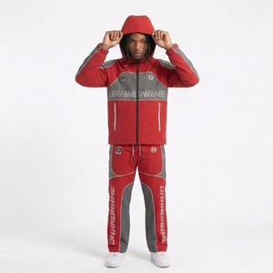 Ensemble de survêtement unisexe rouge 2 pièces : veste à capuche zippée et pantalon de survêtement en nylon coupe-vent respirant, tenue de sport décontractée coupe ample - Product Image 4