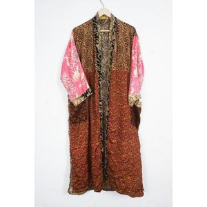 Robe longue en soie 100% patchwork à col en V avec cordon de serrage, manches trois-quarts, respirante et douce pour femmes - Product Image 2