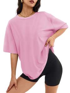 Camiseta Rosa Regular para Mujer, de Algodón, Hombros Caídos, Manga Corta, Cuello Redondo, Estilo Casual Urbano, Tela Suave y Transpirable, Personalizada de Alta Calidad - Product Image 4