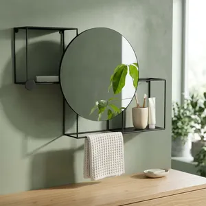 Modern Industrial <b>Bathroom</b> <b>Mirror</b> Black Metal Frame Round Vanity <b>Mirror</b> Wall Mounted Storage Shelf Towel Holder Organizer - Product Image 6