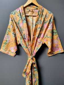 Rust Orange Floral Printed Cotton Kimono Robe – Boho Style Long <b>Open</b> Front Cover <b>Up</b> with Waist Tie - Product Image 3