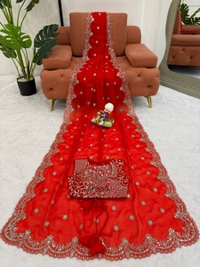 Elegant <b>Red</b> Embroidered <b>Saree</b> With Blouse Traditional Indian Wedding Wear For Women From Samp Corporation - Product Image 4
