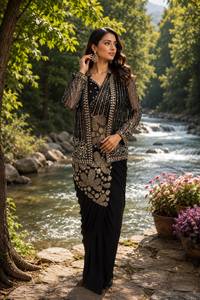 Hermoso sari de satén de seda estilo Bollywood, listo para usar, con blusa cosida. - Product Image 2