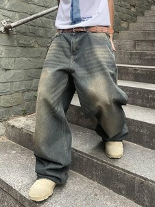 Vaqueros de mezclilla para hombre, lavados a la piedra, de pierna ancha, corte holgado, talla grande, cintura media, estilo casual urbano, 100% algodón, con bolsillo de parche - Product Image 3