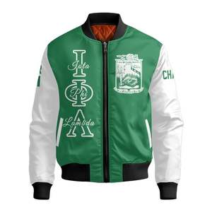 Chaqueta Bomber Personalizada para Mujer Iota Phi Lambda, Verde Esmeralda con Mezcla Blanca, Escudo con Letras Griegas en la Parte Delantera y Trasera, Número del Año, Cierre de Cremallera - Product Image 5