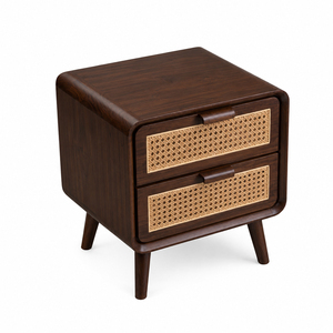 Scandinavian Style Modern Luxury Teak Wood Weave Bedside 2-<b>Drawer</b> <b>Walnut</b> Finish Nightstand - Product Image 2