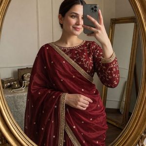 Sari en satin avec dentelle miroir et travail de sequins, blouse complète pour mariage, tenue traditionnelle indienne - Product Image 3