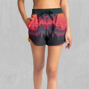 Pantalones cortos estampados para hombre con cordón en la cintura, pantalones cortos informales de secado rápido, patrón de horizonte urbano rojo - Product Image 5