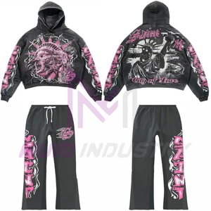 Conjunto de Sudadera con Capucha y Pantalones Anchos de Algodón con Estampado Completo y Lavado Ácido, Personalizado OEM de 2 Piezas, con Parches de Chenilla - Product Image 6