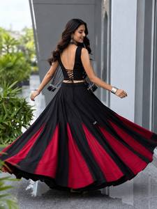 Vestido midi negro y rojo bordado sin mangas, con espalda descubierta, corte en A, vestido llamativo para fiesta. - Product Image 1