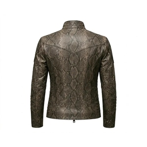 Veste en cuir vintage à motif serpent pour homme, coupe slim, style motard, en cuir de serpent premium, fermeture éclair. - Product Image 2