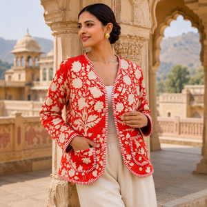 Chaqueta Acolchada de Algodón con Estampado Floral Rojo para Mujer, Ligera, Hecha a Mano, con Estampado Digital, Abertura Frontal, Prenda Exterior de Moda para Otoño e Invierno - Product Image 3