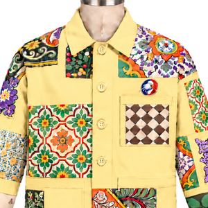 Lemon <b>Yellow</b> Mosaic Work Jacket Multicolor Floral Patchwork Pattern Button Front Casual Long Sleeve Fashion Streetwear <b>Coat</b> - Product Image 3