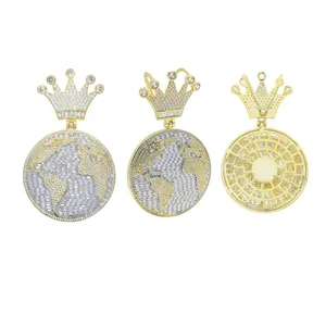 Pendentif Carte du Monde en Argent Sterling pour Homme, entièrement pavé de Zircons Cubiques Ronds, avec Chaîne à Maillons, Bijou de Mode Hip Hop pour Fête, Cadeau, World Mine Bling - Product Image 2