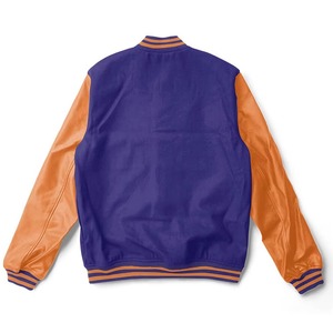 Veste universitaire pour homme, violette, manches orange, fermeture éclair décontractée, col rabattu, coupe classique, matière PU, automne - Product Image 1