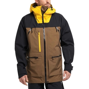 Chaqueta de esquí impermeable con capucha para hombre, diseño color block en marrón, negro y amarillo, con cremallera, deportiva, para invierno y actividades al aire libre. - Product Image 1