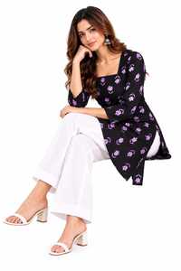 Robe longue à manches longues et col carré pour femme, imprimé floral noir, en polyester et rayonne tissée, style décontracté et ethnique, Kurti court pour femme - Product Image 4
