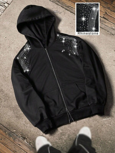 Sweat-shirts à capuche zippés pour hommes en molleton de coton épais avec détail strass sur l'épaule, coupe oversize, style streetwear, production sous marque privée - Product Image 2