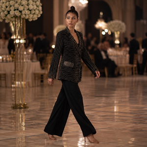 Luxury Black Embellished Pant Suit <b>Set</b> | Designer <b>Blazer</b> With Wide Leg Trousers Elegant Formal Party Wear Women's Fashion Outfit - Product Image 3