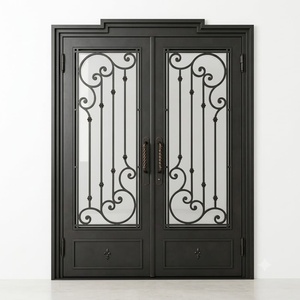 Puerta Principal de Hierro Forjado de Lujo, Resistente al Óxido, con Paneles de Vidrio Geométricos, Diseño Minimalista Abatible, Fácil de Montar - Product Image 1