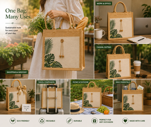 natural laminated jute tote bag with tropical leaf print eco friendly reusable shopping <b>handbag</b> wholesale - Product Image 6