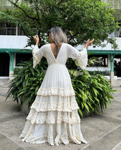 Vintage White Eco-Friendly Knitted Maxi Dress Women <b>Boho</b> V-neck Shoulder Spaghetti Strap Embroidery Hollow Natural Waist Organic - Product Image 5