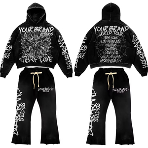 Ensemble de luxe sweat à capuche court et pantalon de survêtement évasé en coton épais délavé à l'acide, ourlet brut, imprimé graphique premium, collection streetwear - Product Image 1