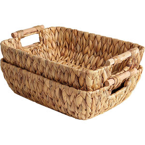 Factory Price Hand-Woven <b>Large</b> Storage <b>Baskets</b> Eco-Friendly Water Hyacinth Wicker Wooden Handles Rectangle Durable Multi-Purpose - Product Image 1