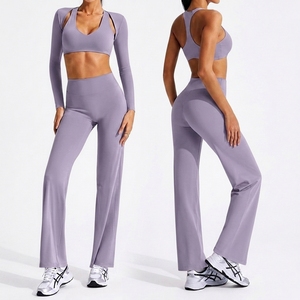 Ensemble de yoga 3 pièces pour femmes, col rond, dos nu, fermeture à cordon, logo personnalisé, haute élasticité, anti-transpiration, coupe ajustée, fitness - Product Image 2