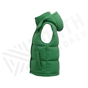 Hooded <b>Quilted</b> Vest Green Polyester Filling Winter Wear With Detachable Hood <b>Single</b> Button Closure - Product Image 3