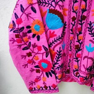 Handcrafted Pink Velvet Suzani Embroidery Woven <b>Quilted</b> Eco-Friendly Jacket Festive Winter Wear Premium Breathable Boho Kimono - Product Image 3