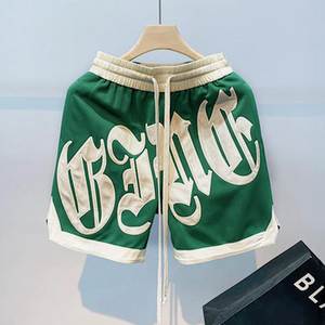 Shorts décontractés pour hommes de haute qualité, couleur verte, avec imprimé lettres blanches, taille à cordon de serrage, tissu polyester respirant, shorts de sport - Product Image 1