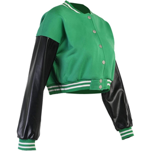 Green Varsity <b>Jacket</b> Women <b>Short</b> Length Full <b>Sleeve</b> Button Up Crew Neck Solid Color Autumn Casual Outerwear - Product Image 3