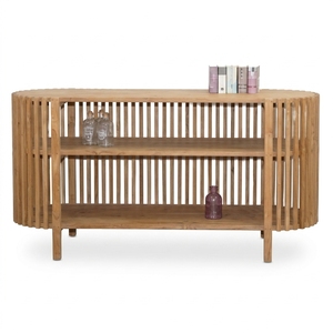 Solid Wood Living Room Cabinets Mid Century Modern Slatted <b>Sideboard</b> Oval <b>Storage</b> Credenza 3 Tier Wooden Display Shelves Unit - Product Image 1