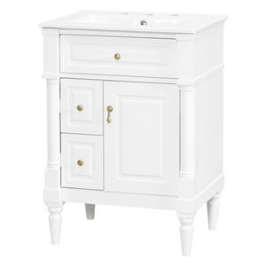 Mobile Bagno Bianco da 24 Pollici con Lavabo, Cassetto Ribaltabile, Ripiano Regolabile, Finitura Impermeabile in Legno di Gomma Massiccio - Product Image 5