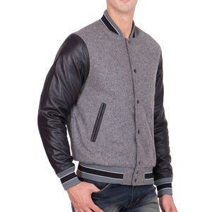 Veste varsity pour homme gris et noir avec manches en cuir, veste bomber style baseball décontractée, vêtement d'extérieur en laine chaud pour l'hiver - Product Image 1